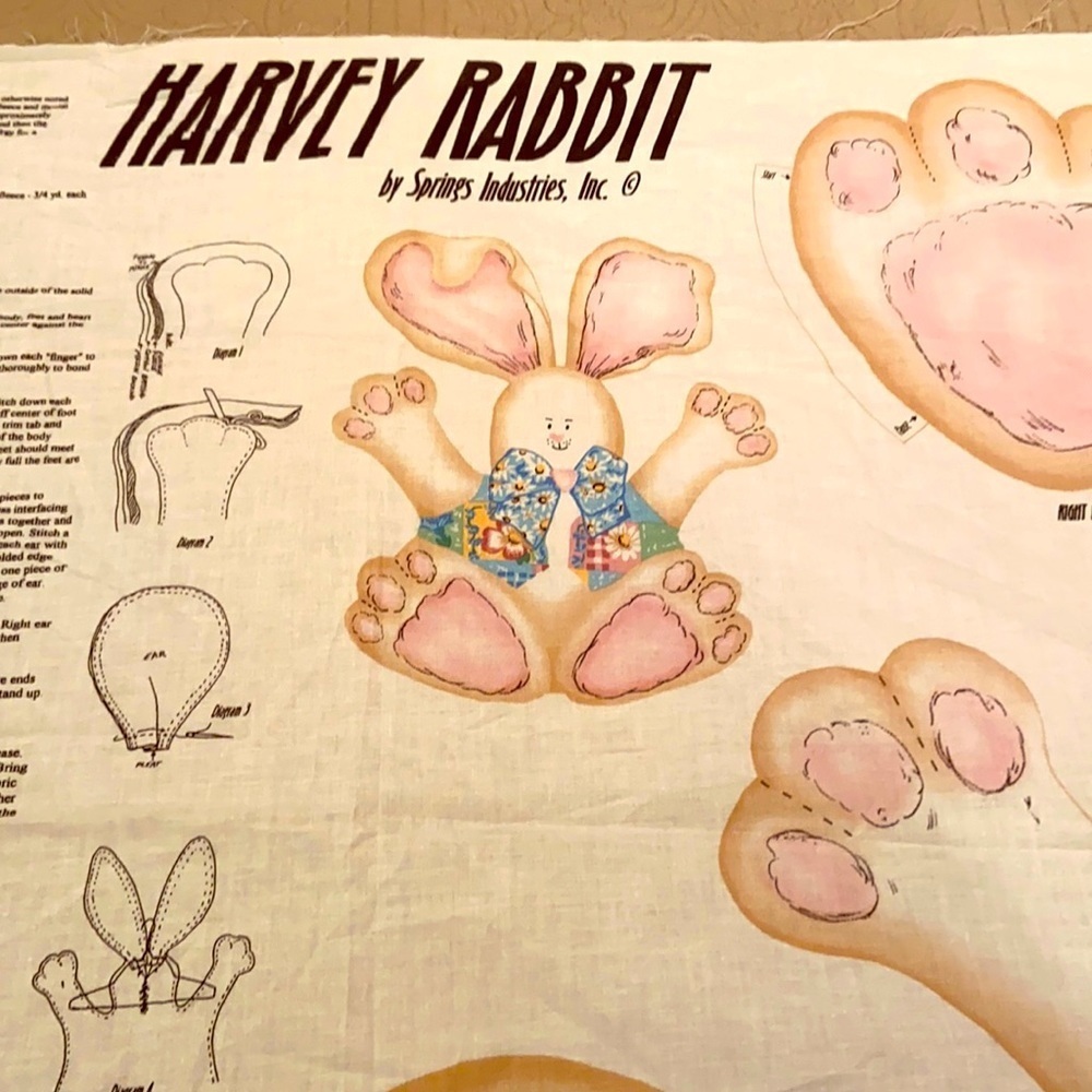EASTER Harvey the Rabbit Doll Fabric Cut Out Material SWEET Cottage Grandmother